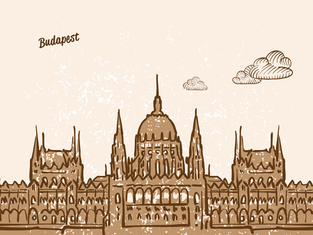 Budapest, Hungary, Greeting Card, hand drawn image, famous european capital, vintage style, vector Illustrationのイラスト素材