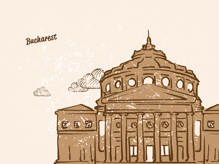 Bucharest, Romania, Greeting Card, hand drawn image, famous european capital, vintage style, vector Illustrationのイラスト素材