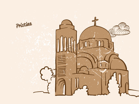 Pristina, Kosovo, Greeting Card, hand drawn image, famous european capital, vintage style, vector Illustrationのイラスト素材