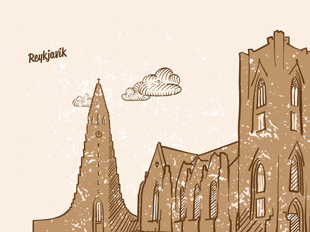 Reykjavik, Iceland, Greeting Card, hand drawn image, famous european capital, vintage style, vector Illustrationのイラスト素材