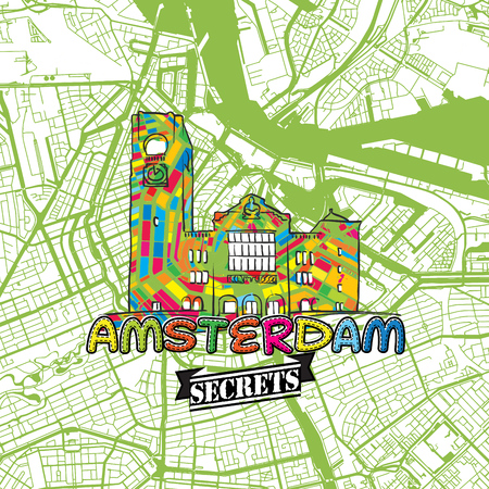 Amsterdam Travel Secrets Art Map for mapping experts and travel guides. Handmade city logo, typo badge and hand drawn vector image on top are grouped and moveable.のイラスト素材