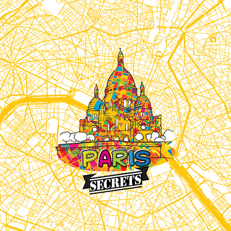 Paris Travel Secrets Art Map for mapping experts and travel guides. Handmade city logo, typo badge and hand drawn vector image on top are grouped and moveable.のイラスト素材