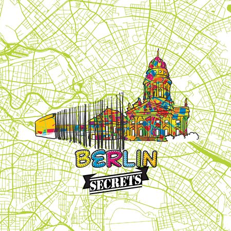 Berlin Travel Secrets Art Map for mapping experts and travel guides. Handmade city logo, typo badge and hand drawn vector image on top are grouped and moveable.のイラスト素材