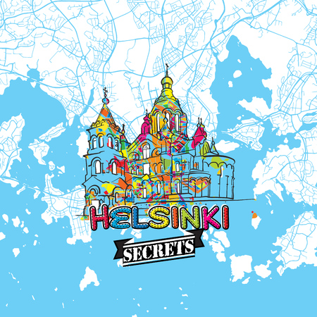 Helsinki Travel Secrets Art Map for mapping experts and travel guides. Handmade city logo, typo badge and hand drawn vector image on top are grouped and moveable.のイラスト素材