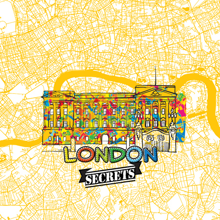 London Travel Secrets Art Map for mapping experts and travel guides. Handmade city logo, typo badge and hand drawn vector image on top are grouped and moveable.のイラスト素材