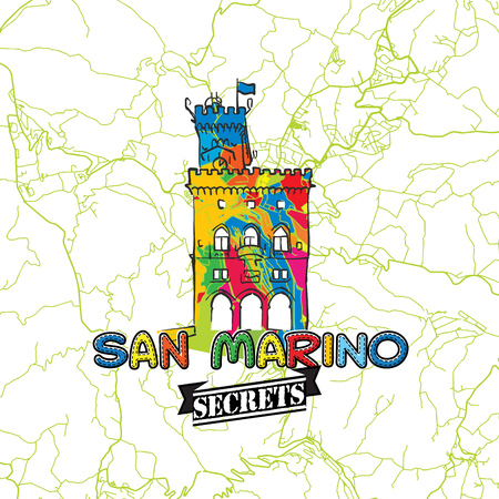 San Marino Travel Secrets Art Map for mapping experts and travel guides. Handmade city logo, typo badge and hand drawn vector image on top are grouped and moveable.のイラスト素材