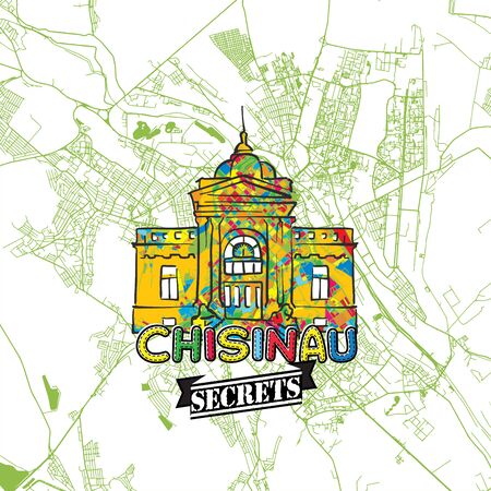 Chisinau Travel Secrets Art Map for mapping experts and travel guides. Handmade city logo, typo badge and hand drawn vector image on top are grouped and moveable.のイラスト素材