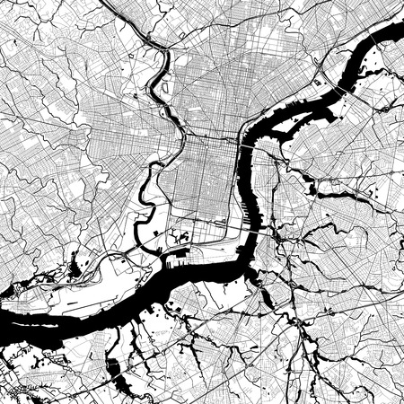 Philadelphia Monochrome Vector Map. Very large and detailed outline Version on White Background. Black Highways and Railroads, Grey Streets, Blue Water.のイラスト素材