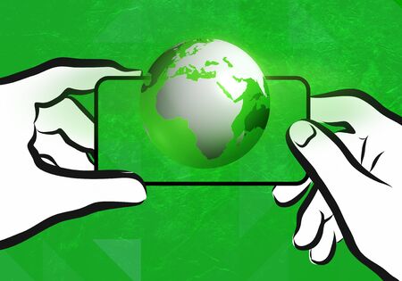 Eco VR communication technology with mobile phone and green earth globe in foreground