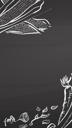 Empty Chalkboard. Vegetables in Corners. Hand drawn healthy food sketch. Black and White Vector Drawing on Blackboard.のイラスト素材