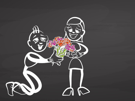 Valentines gift. Stickman on chalkboard, handdrawn vector sketch, clean outlines, vintage style blackboard.のイラスト素材