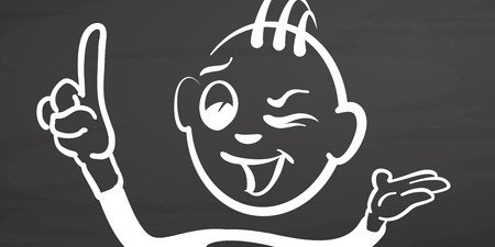 Stickman pointing up on chalkboard, handdrawn vector sketch, clean outlines, vintage style blackboard.のイラスト素材