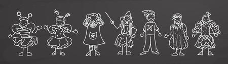 Children in carnival costumes on blackboard, handdrawn vector sketch, clean outlines, vintage style blackboard.のイラスト素材