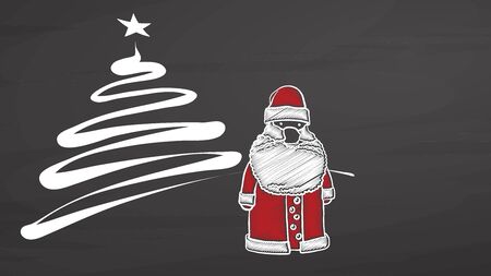 Xmas invitation with Santa on chalkboard, handdrawn vector sketch, clean outlines, vintage style blackboard.のイラスト素材