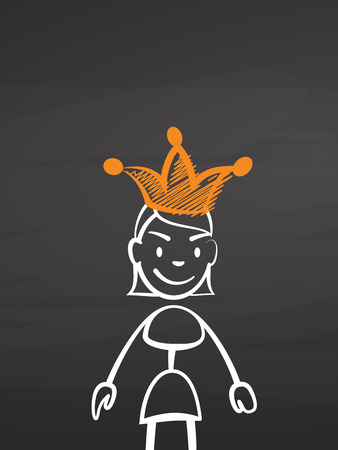 Woman with crown on chalkboard, handdrawn vector sketch, clean outlines, vintage style blackboard.のイラスト素材