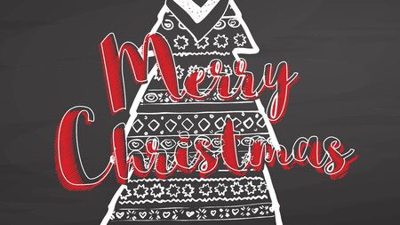 Merry Christmas ornaments on blackboard, handdrawn vector sketch, clean outlines, vintage style blackboard.のイラスト素材