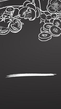 Chalk vegetables with copyspace on chalkboard. Hand drawn healthy food sketch. Black and White Vector Drawing on Blackboard.のイラスト素材