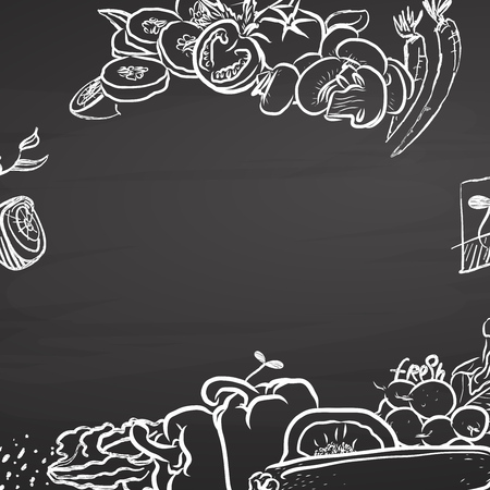 Healthy food doodle sketches on chalkboard with copy space.のイラスト素材