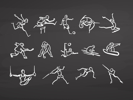 Big set of sportsmen doodles on chalkboard.のイラスト素材