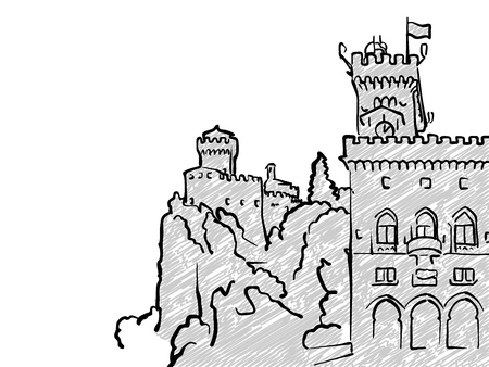 San Marino famous Travel Sketch. Lineart drawing by hand. Greeting card design, vector illustrationのイラスト素材