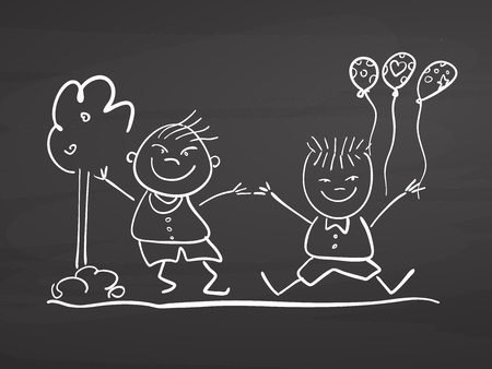 Children jumping with ballons. Drawing on chalkboard. Handdrawn vector sketch, clean outlines, vintage style blackboard.のイラスト素材