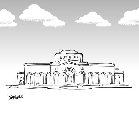 Yerevan, Armenia famous skyline sketch. Lineart drawing by hand. Greeting card icon with title, vector illustrationのイラスト素材
