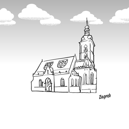 Zagreb, Croatia famous landmark sketch. Lineart drawing by hand. Greeting card icon with title, vector illustrationのイラスト素材