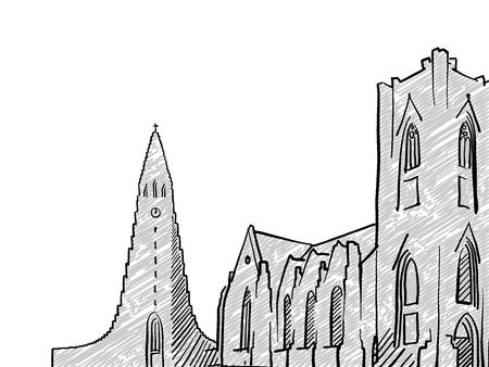 Reykjavik, Iceland famous Travel Sketch. Lineart drawing by hand. Greeting card design, vector illustrationのイラスト素材