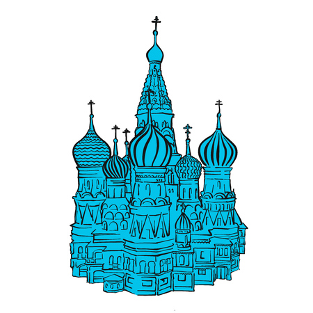 Moscow Kremlin illustration with colored backplate. Hand drawn historic landmark. Famous travel destination. Vector art sketch.のイラスト素材
