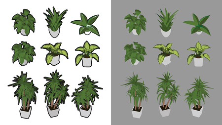 9 Isometric houseplants with and without black outline. 3D iso perspective.のイラスト素材