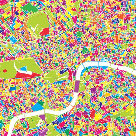 London, United Kingdom, colorful vector map.  White streets, railways and water. Bright colored landmark shapes. Art print pattern.のイラスト素材