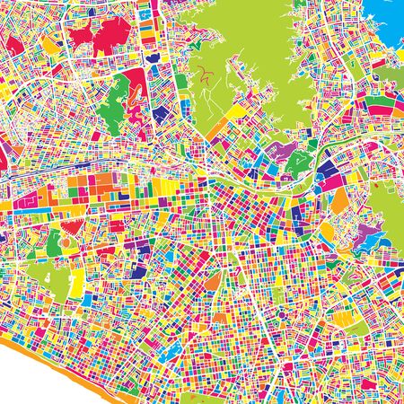 Lima, Lima District, Peru, colorful vector map.  White streets, railways and water. Bright colored landmark shapes. Art print pattern.のイラスト素材