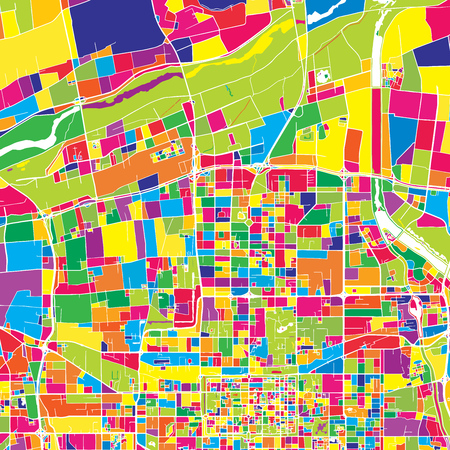 Xi'an, China, colorful vector map.  White streets, railways and water. Bright colored landmark shapes. Art print pattern.のイラスト素材