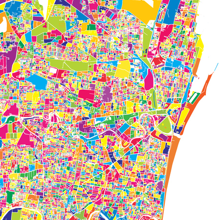Chennai, India, colorful vector map.  White streets, railways and water. Bright colored landmark shapes. Art print pattern.のイラスト素材