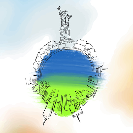 New York City travel logo. Colored skyline vector sketchのイラスト素材