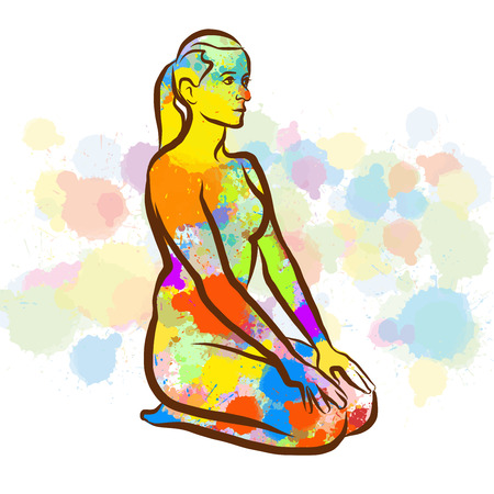Colorful thunderbolt Vajrasana yoga pose. Hand drawn vector illustration, splatter color. Isolated on white background. Creative communication concept.のイラスト素材