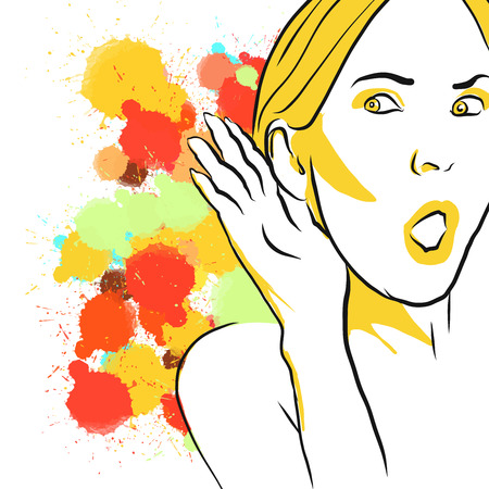 Colorful Gossip Listening Sketch. Hand Drawn Vector Illustration, Splatter Color Isolated on White Background. Creative  Communication Concept.のイラスト素材