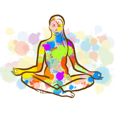Colorful Siddhasana yoga pose. Hand drawn vector illustration. Splatter color isolated on white background. Creative communication concept.のイラスト素材
