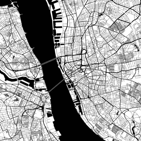 Liverpool Downtown Vector Map Monochrome Artprint, Outline Version for Infographic Background, Black Streets and Waterwaysのイラスト素材