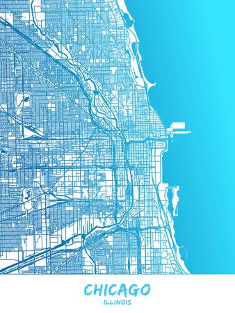 Chicago downtown and surroundings Map in blue shaded version with many details. This map of Chicago contains typical landmarks with room for additional information and easy access to color changes.のイラスト素材