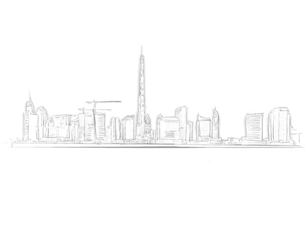 Dubai Skyline Landmark Sketch. Line Art drawing by hand. Travel design, architecture icon for greeting card, vector background.のイラスト素材