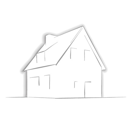 Little House Drawing by Hand. Line Art architecture icon for greeting card, vector background.のイラスト素材