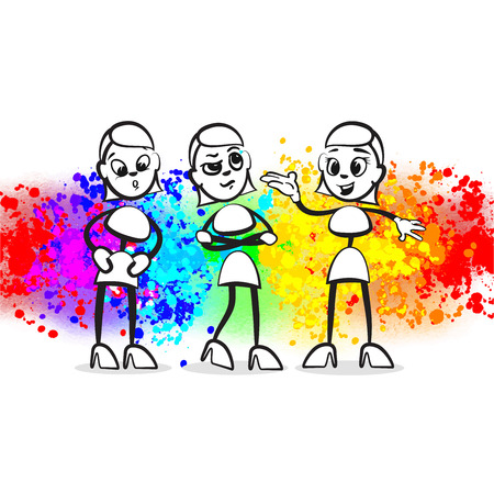 Stick figure gossip. Beautiful hand drawn vector sketch. Colorful scene for social media and print decoration.のイラスト素材