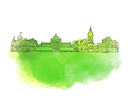 Zagreb Croatia Colorful Landmark Banner. Beautiful hand drawn vector sketch. Travel illustration for social media marketing and print advertising.のイラスト素材