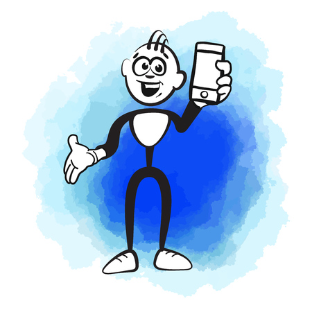 Stick figure and mobile phone. Beautiful hand drawn vector sketch. Colorful scene for social media and print decoration.のイラスト素材