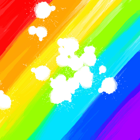 Rainbow colored background and white drops. Beautiful hand drawn vector backdrop. Usable for website, social media and print decoration.のイラスト素材