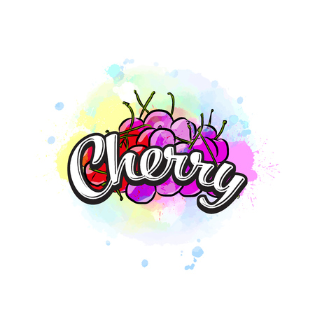 Cherry colorful label sign. Vector drawing for advertising. Fresh design of colorful fruits made in watercolor style. Modern illustration on white background.のイラスト素材