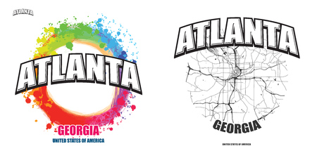 Atlanta, Georgia, logo design. Two in one vector arts. Big logo with vintage letters with nice colored background and one-color-version with map for every possible print production.のイラスト素材