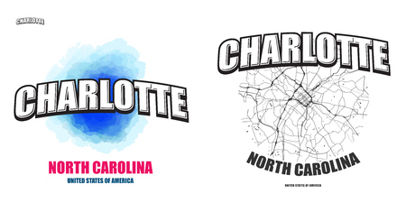 Charlotte, North Carolina, logo design. Two in one vector arts. Big logo with vintage letters with nice colored background and one-color-version with map for every possible print production.のイラスト素材