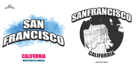 San Francisco, California, logo design. Two in one vector arts. Big logo with vintage letters with nice colored background and one-color-version with map for every possible print production.のイラスト素材